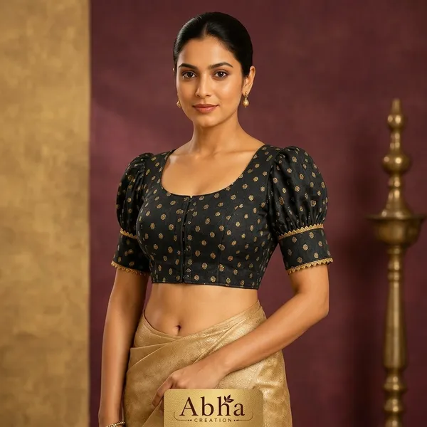 Black_Silk_Gold_Motif_Puff_Sleeve_Blouse_For_Women