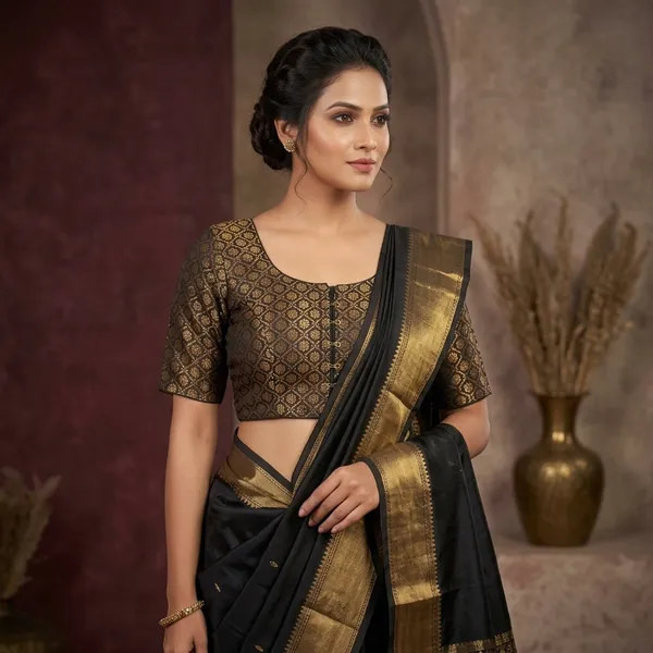 Black_Gold_Woven_Silk_Deep_Round_Neck_Ethnic_Blouse_For_Women