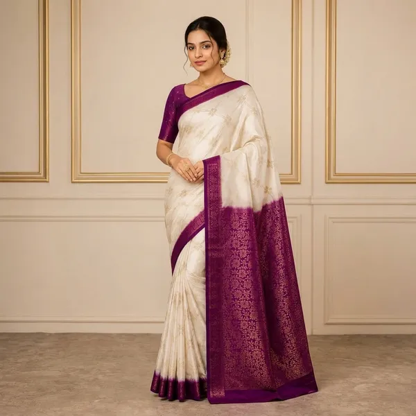 White_Purple_Silk_Zari_Woven_Border_Saree_For_Women