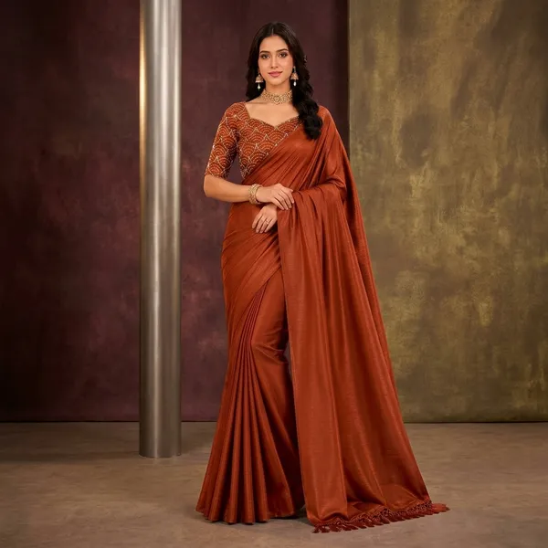 Rust_Orange_Tussar_Silk_Plain_Saree_With_Sequin_Work_Blouse_For_Women