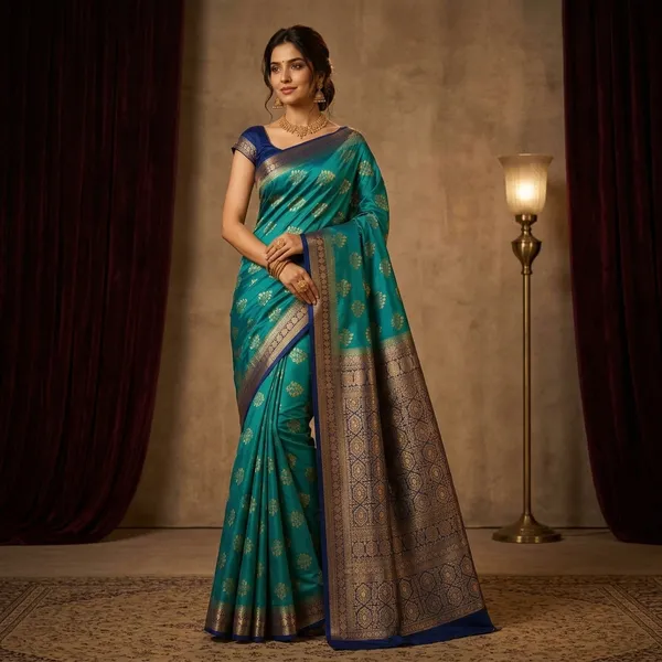 Teal_Silk_Zari_Woven_Banarasi_Saree_For_Women