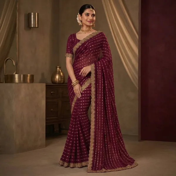 Maroon_Velvet_Silk_Sequin_Embellished_Saree_For_Women