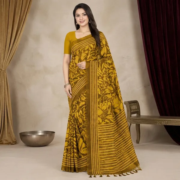 Mustard_Silk_Floral_Print_Sequin_Work_Saree_For_Women