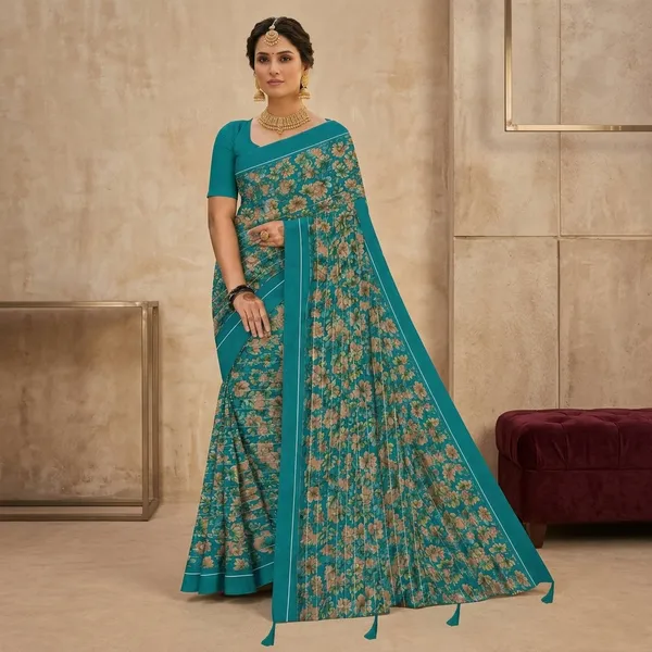 Teal_Silk_Floral_Print_Contrast_Border_Saree_For_Women