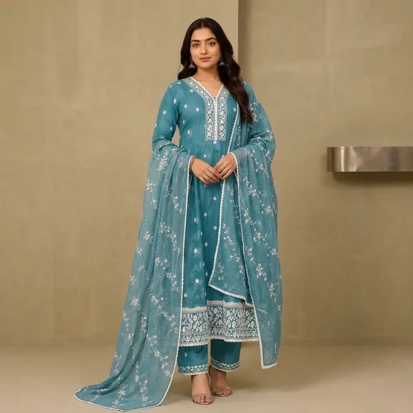 Teal_Georgette_Flared_Anarkali_Kurta_Set_With_Dupatta_For_Women