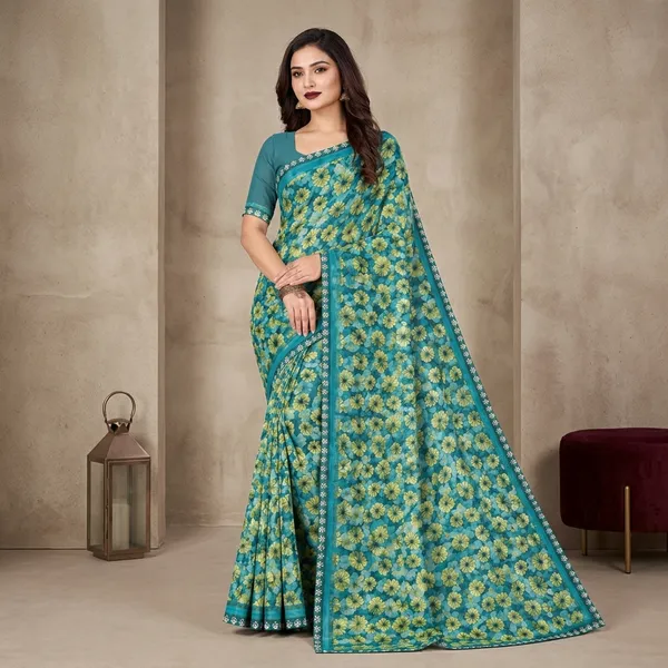 Teal_Georgette_Floral_Print_Saree_For_Women