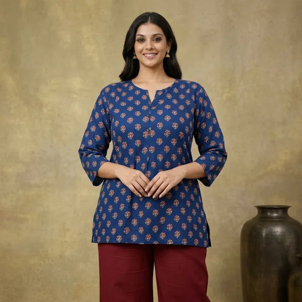 Blue_Cotton_Relaxed_Floral_Print_Short_Kurti_For_Women