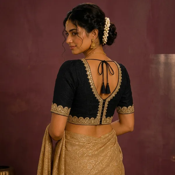 Black_Silk_Gold_Embroidered_V_Neck_Fitted_Blouse_For_Women