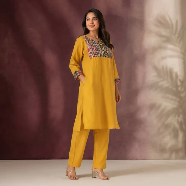 Mustard_Yellow_Cotton_Floral_Yoke_Straight_Kurta_Pant_Set_For_Women