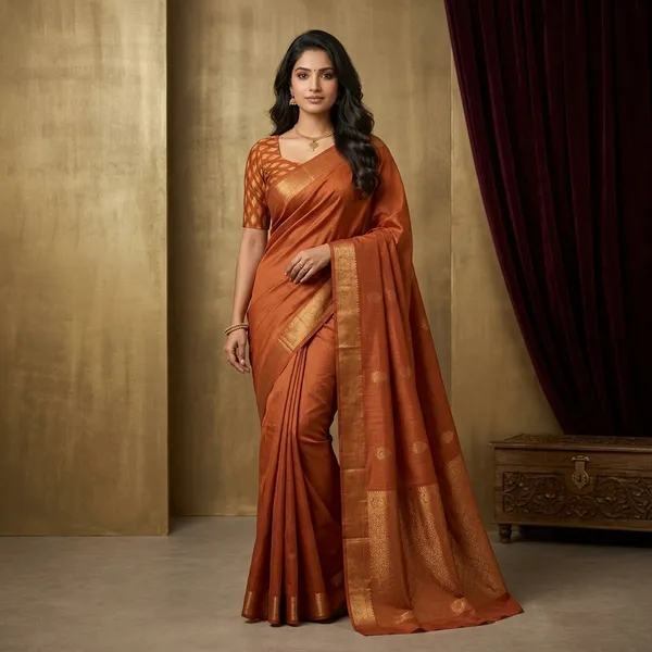 Orange_Cotton_Ikat_Print_Silk_Blend_Saree_For_Women