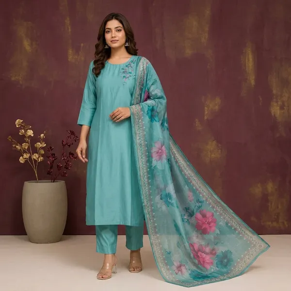 Turquoise_Satin_Silk_Embroidered_Straight_Kurta_Pant_Dupatta_Set_For_Women