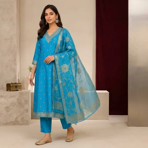 Blue_Banarasi_Silk_Straight_Golden_Woven_Kurta_Pant_Dupatta_Set_For_Women