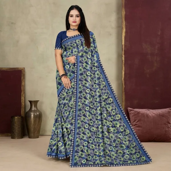 Blue_Silk_Floral_Print_Contrast_Border_Saree_For_Women