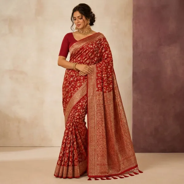 Red_Silk_Zari_Woven_Banarasi_Floral_Jaal_Saree_For_Women