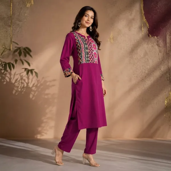 Magenta_Khadi_Cotton_Printed_Yoke_Straight_Kurta_For_Women