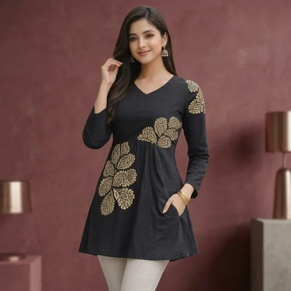 Black_Cotton_A_Line_Floral_Print_Short_Kurti_For_Women