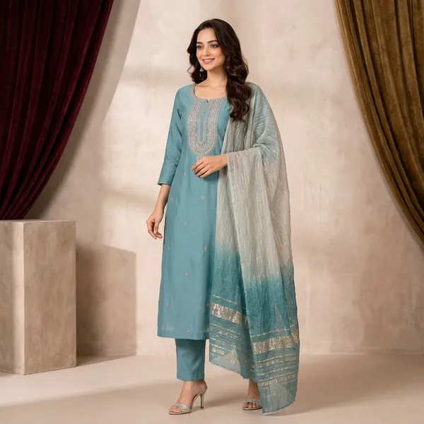 Teal_Silk_Straight_Embroidered_Kurta_Pant_Dupatta_Set_For_Women