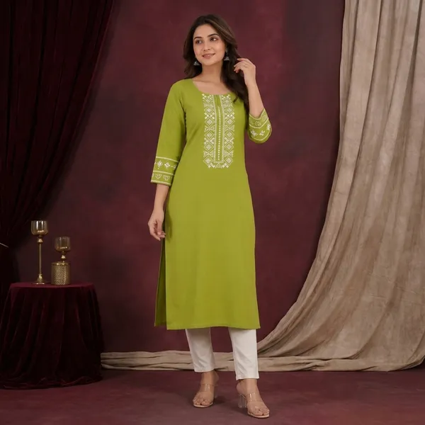Green_Khadi_Cotton_Straight_Fit_Embroidered_Kurta_For_Women