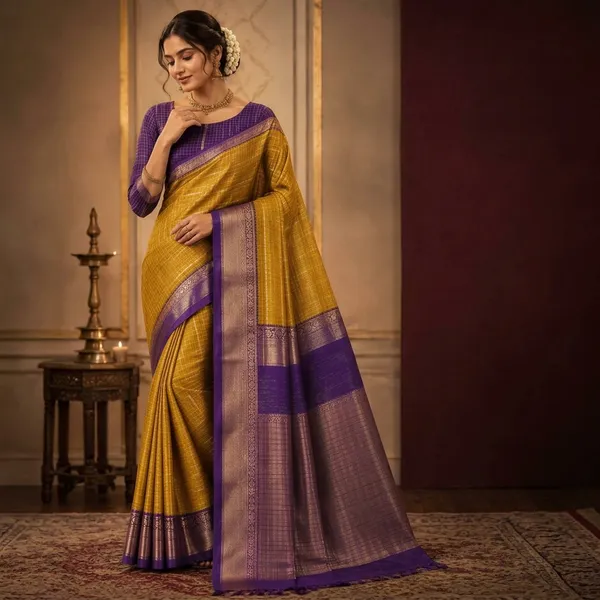 Mustard_Yellow_Silk_Zari_Woven_Purple_Border_Saree_For_Women