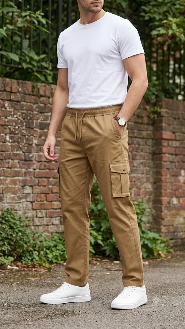 Khaki_Cotton_Elasticated_Waist_Cargo_Pant_For_Men