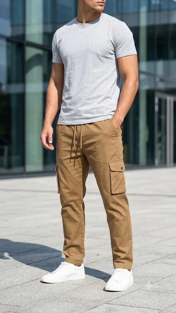 Khaki_Cotton_Elasticated_Waist_Cargo_Pant_For_Men