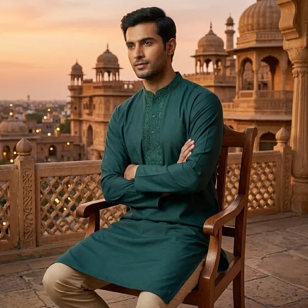 Teal_Green_Cotton_Relaxed_Fit_Embroidered_Collar_Kurta_For_Men