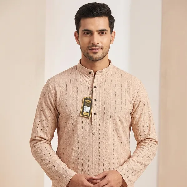 Beige_Cotton_Regular_Fit_Printed_Mandarin_Collar_Kurta_For_Men