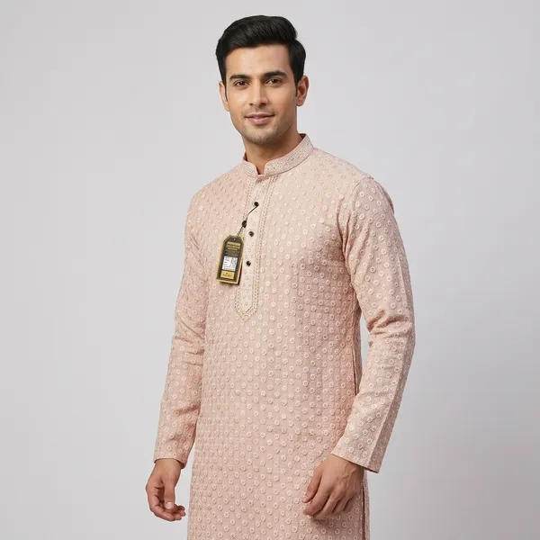 Beige_Cotton_Regular_Fit_Printed_Mandarin_Collar_Kurta_For_Men