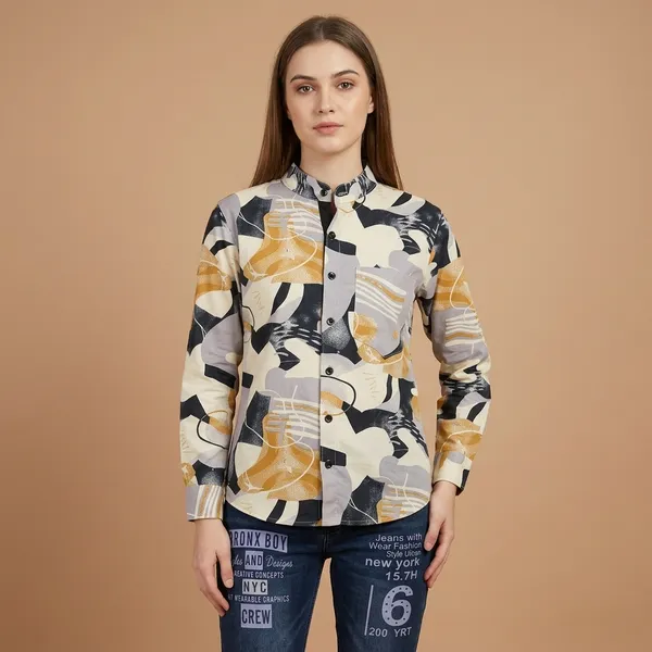Beige_Cotton_Geometric_Print_Long_Sleeve_Shirt_For_Women
