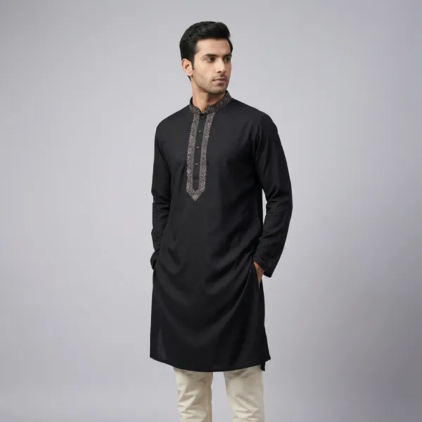 Black_Cotton_Regular_Fit_Embroidered_Collar_Kurta_For_Men