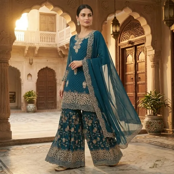 Teal_Blue_Georgette_Embroidered_Sharara_Suit_Set_For_Women