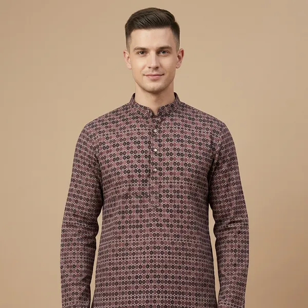 Brown_Cotton_Regular_Fit_Geometric_Print_Kurta_For_Men