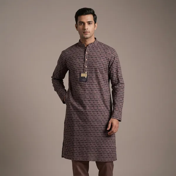 Brown_Cotton_Regular_Fit_Geometric_Print_Kurta_For_Men