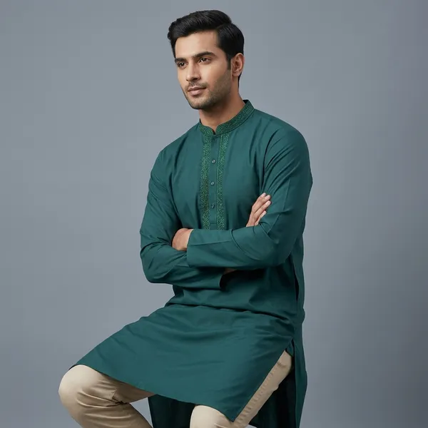 Teal_Green_Cotton_Relaxed_Fit_Embroidered_Collar_Kurta_For_Men
