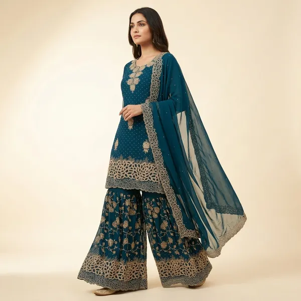 Teal_Blue_Georgette_Embroidered_Sharara_Suit_Set_For_Women