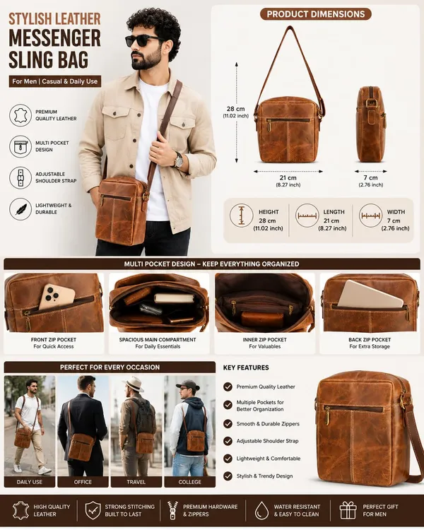 Brown_Leather_Multi-Pocket_Messenger_Sling_Bag_For_Unisex