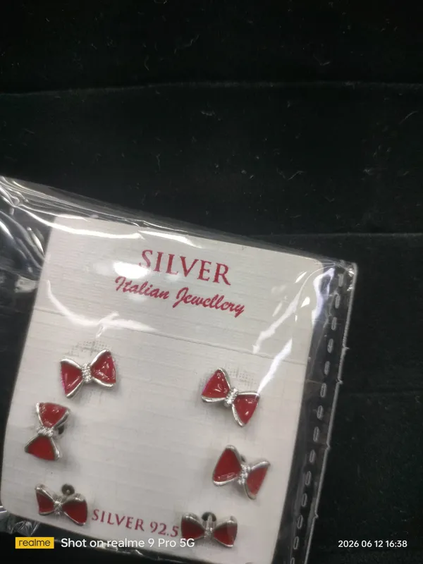 Silver_925_Sterling_Red_Enamel_Bow_Stud_Earrings_Set_Of_3_Pairs_For_Women