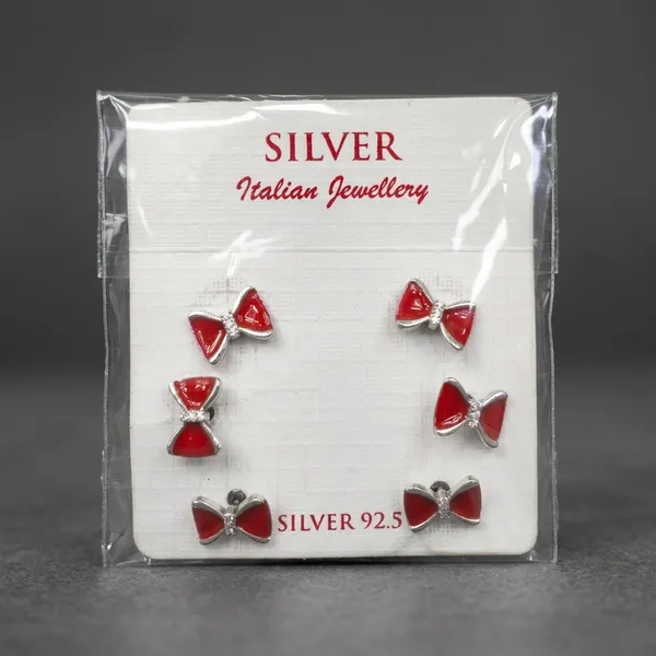 Silver_925_Sterling_Red_Enamel_Bow_Stud_Earrings_Set_Of_3_Pairs_For_Women