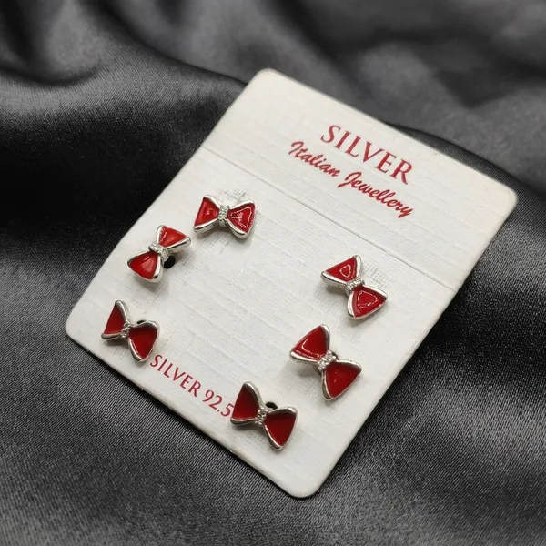 Silver_925_Sterling_Red_Enamel_Bow_Stud_Earrings_Set_Of_3_Pairs_For_Women
