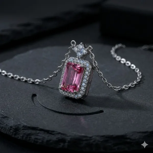 Silver_And_Pink_Gemstone_Rectangular_Pendant_Necklace_For_Women