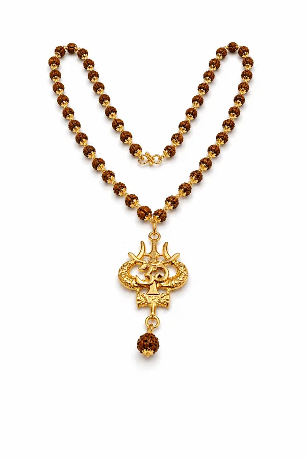 Gold_Brown_Rudraksha_Bead_Spiritual_Mala_Necklace_With_Trishul_Pendant