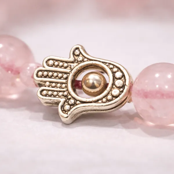 Peach_Rose_Quartz_Gemstone_Bead_Bracelet_With_Hamsa_Charm