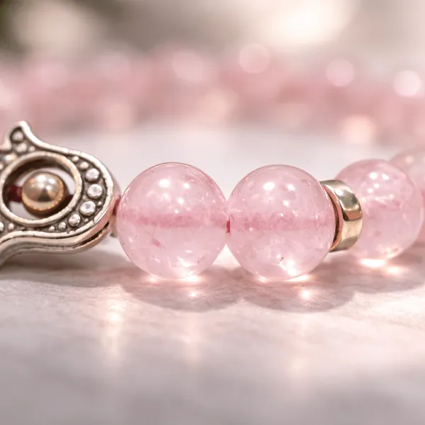 Peach_Rose_Quartz_Gemstone_Bead_Bracelet_With_Hamsa_Charm