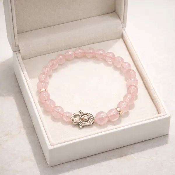 Peach_Rose_Quartz_Gemstone_Bead_Bracelet_With_Hamsa_Charm