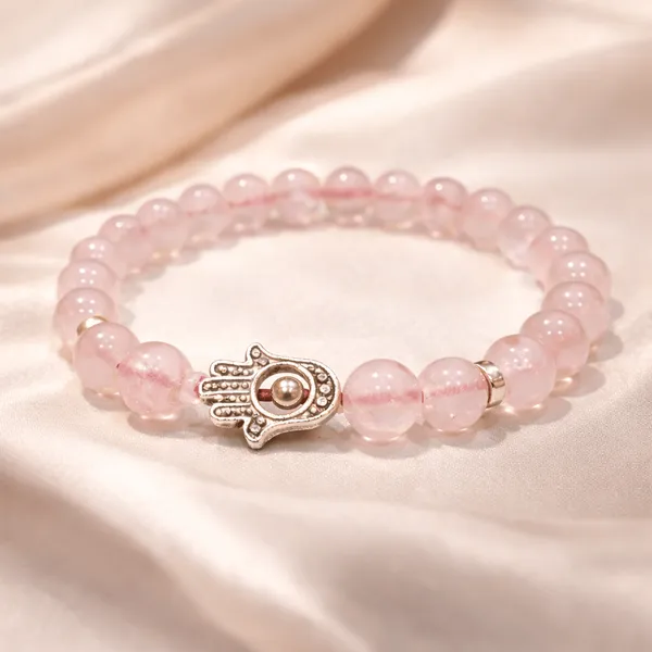 Peach_Rose_Quartz_Gemstone_Bead_Bracelet_With_Hamsa_Charm