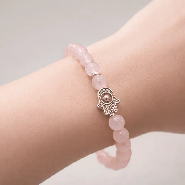 Peach_Rose_Quartz_Gemstone_Bead_Bracelet_With_Hamsa_Charm