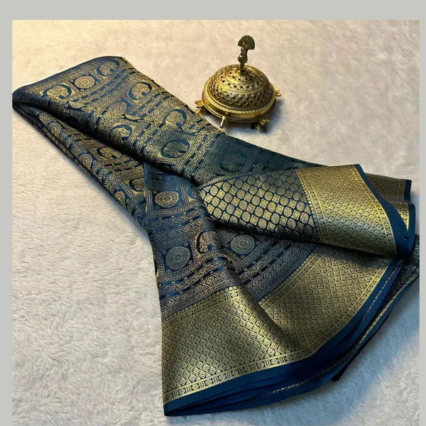 Prussian_Blue_Gold_Zari_Brocade_Silk_Saree_With_Blouse_Piece