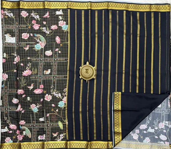 Almost_Black_Mysore_brocade_Silk_sarees_With_Pichwai_Peacock_&_Lotus_Prints
