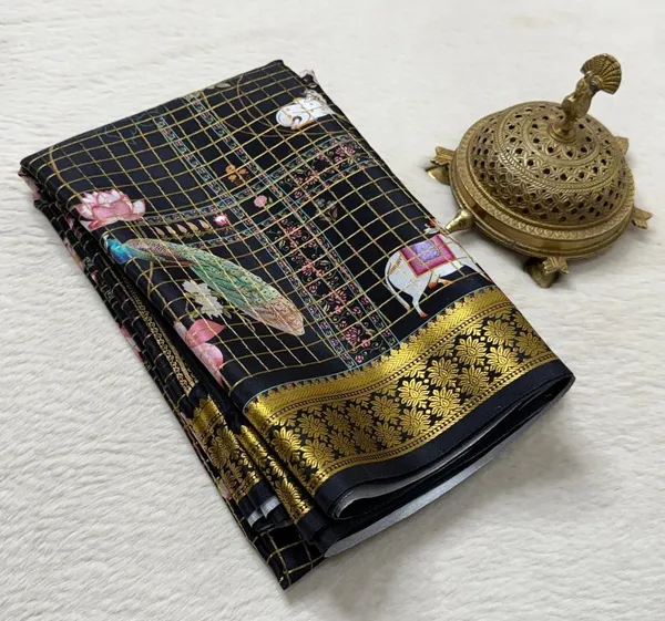 Almost_Black_Mysore_brocade_Silk_sarees_With_Pichwai_Peacock_&_Lotus_Prints