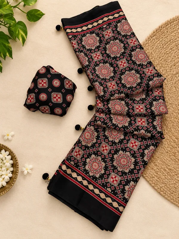 Black_Ajrakh_Print_Trending_Soft_Crepe_Silk_Saree_with_Printed_Blouse_